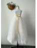 Ivory Lace Tulle With Yellow Lining Floor Length Flower Girl Dress